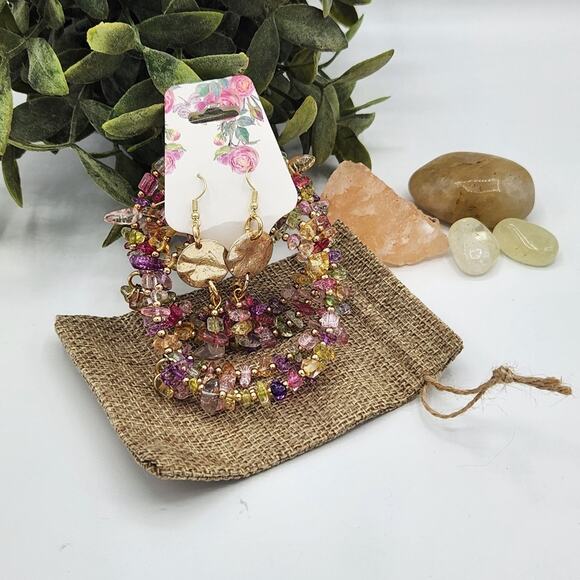 Citrine Pink Glass Stone Beads Memory Wire Bracelet and Earrings Set - Picture 9 of 9